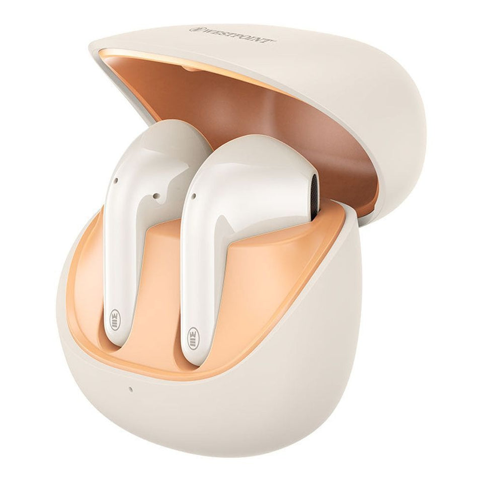 West Point Quad Mic ENC Wireless Stereo Earbuds, 4.5 Hours Play Time, 300mAh Case Battery, White, WP-135