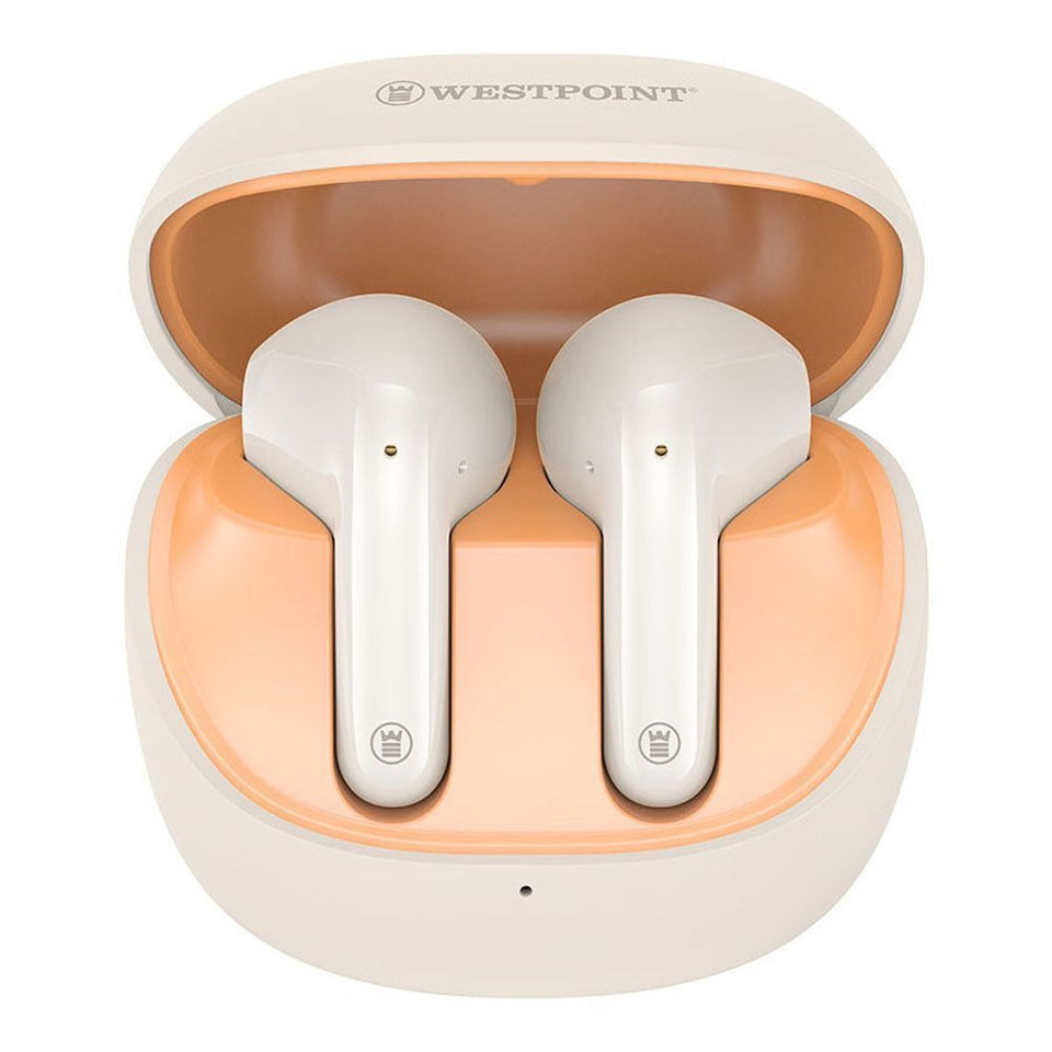 West Point Quad Mic ENC Wireless Stereo Earbuds, 4.5 Hours Play Time, 300mAh Case Battery, White, WP-135