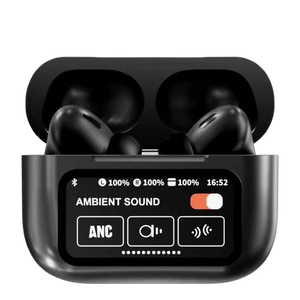 Black A9 Pro ANC Bluetooth 5.4 Wireless Earbuds with Smart Screen and Active Noise Cancellation