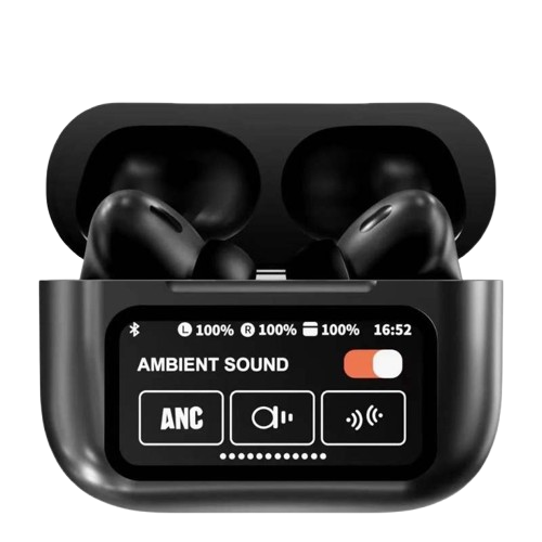 Black A9 Pro ANC Bluetooth 5.4 Wireless Earbuds with Smart Screen and Active Noise Cancellation